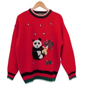 Vintage Womens Ugly‎ Christmas Sweater Panda Bear Red Crew Neck Size 22W 2X